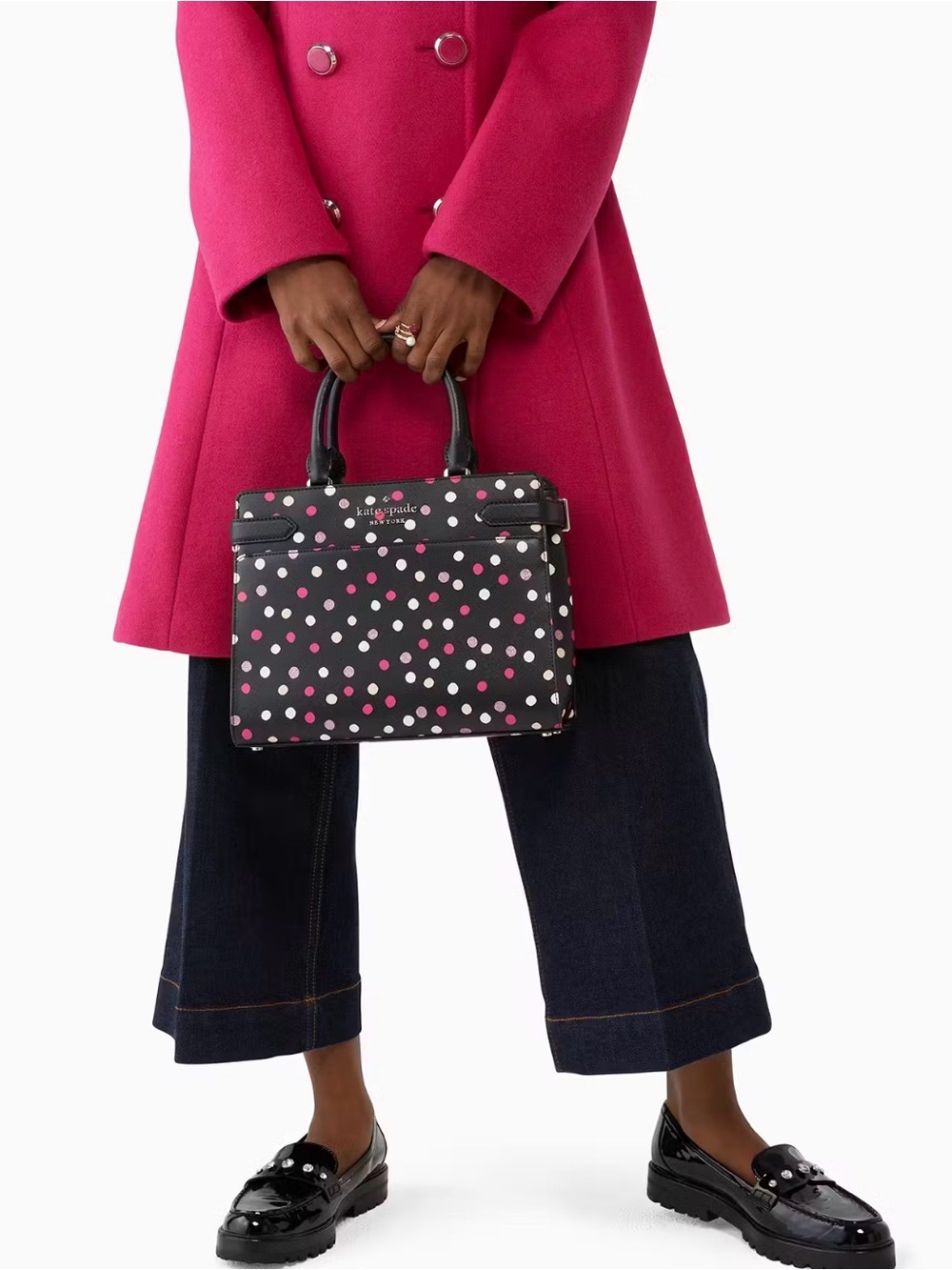 💯% Auethentic Kate Spade Black Polka Dot Satchel with Pink & White Dots - Picture 2 of 12